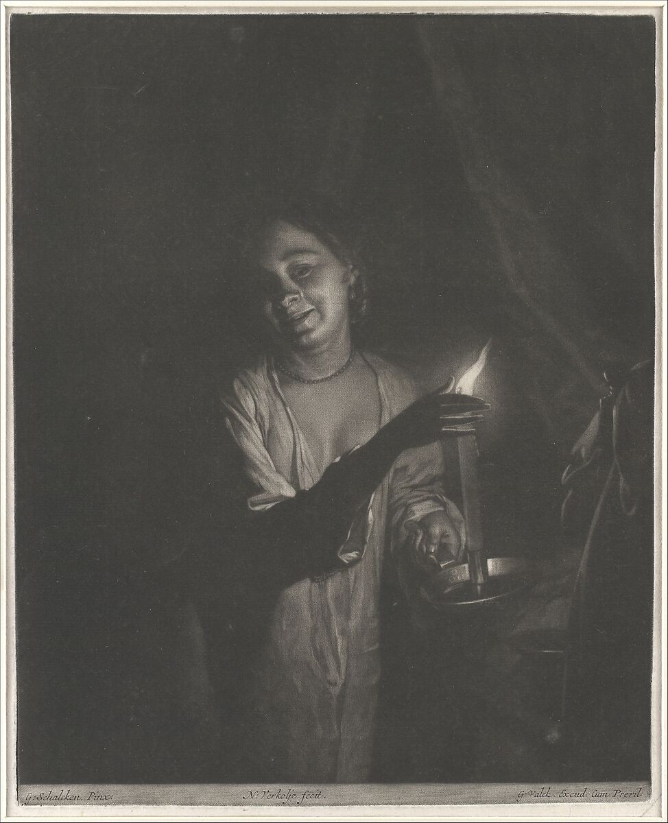 Young Woman Holding a Candle in a Bedchamber, Nicholas Verkolje (Dutch, Delft 1673–1746 Amsterdam), Mezzotint 