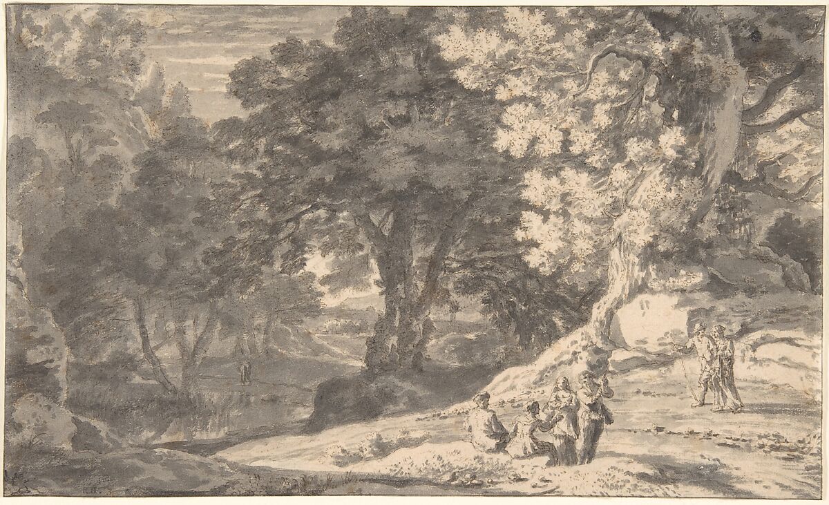 A Wooded Landscape with Travellers by the Roadside, a Stream beyond, Herman van Swanevelt (Dutch, Woerden (?) ca. 1603–1655 Paris), Pen and brown ink, brush and gray wash, framing line in black ink 