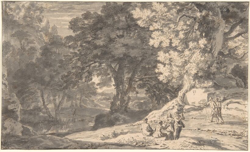 A Wooded Landscape with Travellers by the Roadside, a Stream beyond