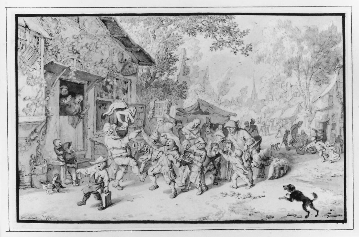 An Itinerant Peddler in a Village, Cornelis Dusart (Dutch, Haarlem 1660–1704 Haarlem), Black chalk, pen and gray ink, brush and gray wash; framing lines in brush and black wash