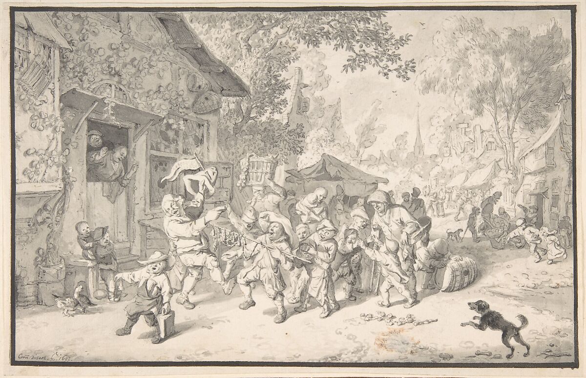 An Itinerant Peddler in a Village, Cornelis Dusart (Dutch, Haarlem 1660–1704 Haarlem), Black chalk, pen and gray ink, brush and gray wash, framing line in black ink 