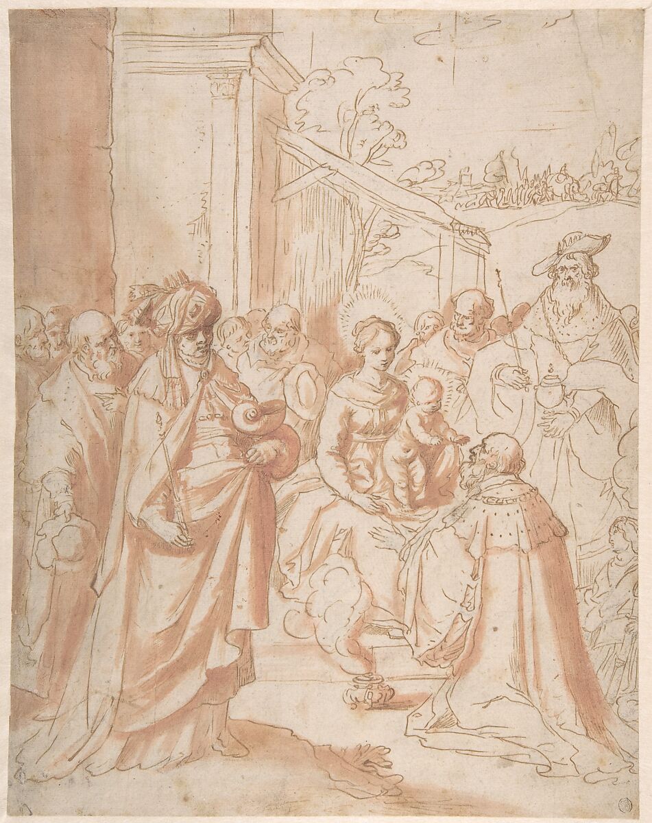 Adoration of the Magi, Frans Francken II (Flemish, Antwerp 1581–1642 Antwerp), Pen and brown ink, brush and red-brown wash 