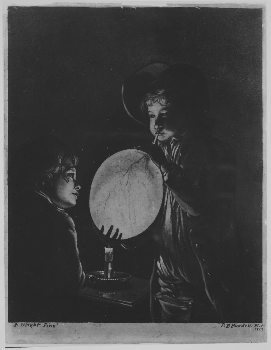 Two Boys Blowing a Bladder by Candle-light, Peter Perez Burdett (British, probably Eastwood, Essex 1734/35–1793 Karlsruhe), Aquatint printed in red and brown inks