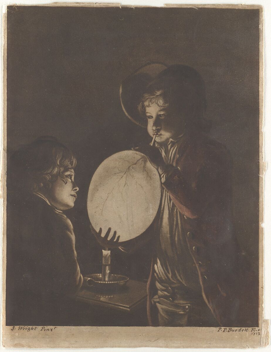 Two Boys Blowing a Bladder by Candle-light, Peter Perez Burdett (British, 1735–1793), Aquatint printed in red and brown inks 