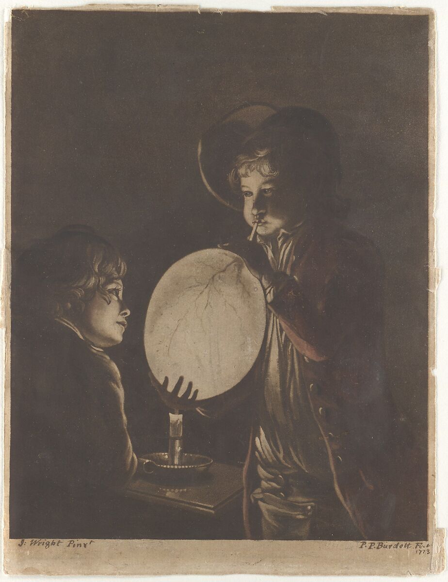 Two Boys Blowing a Bladder by Candle-light, Peter Perez Burdett (British, probably Eastwood, Essex 1734/35–1793 Karlsruhe), Aquatint printed in red and brown inks 