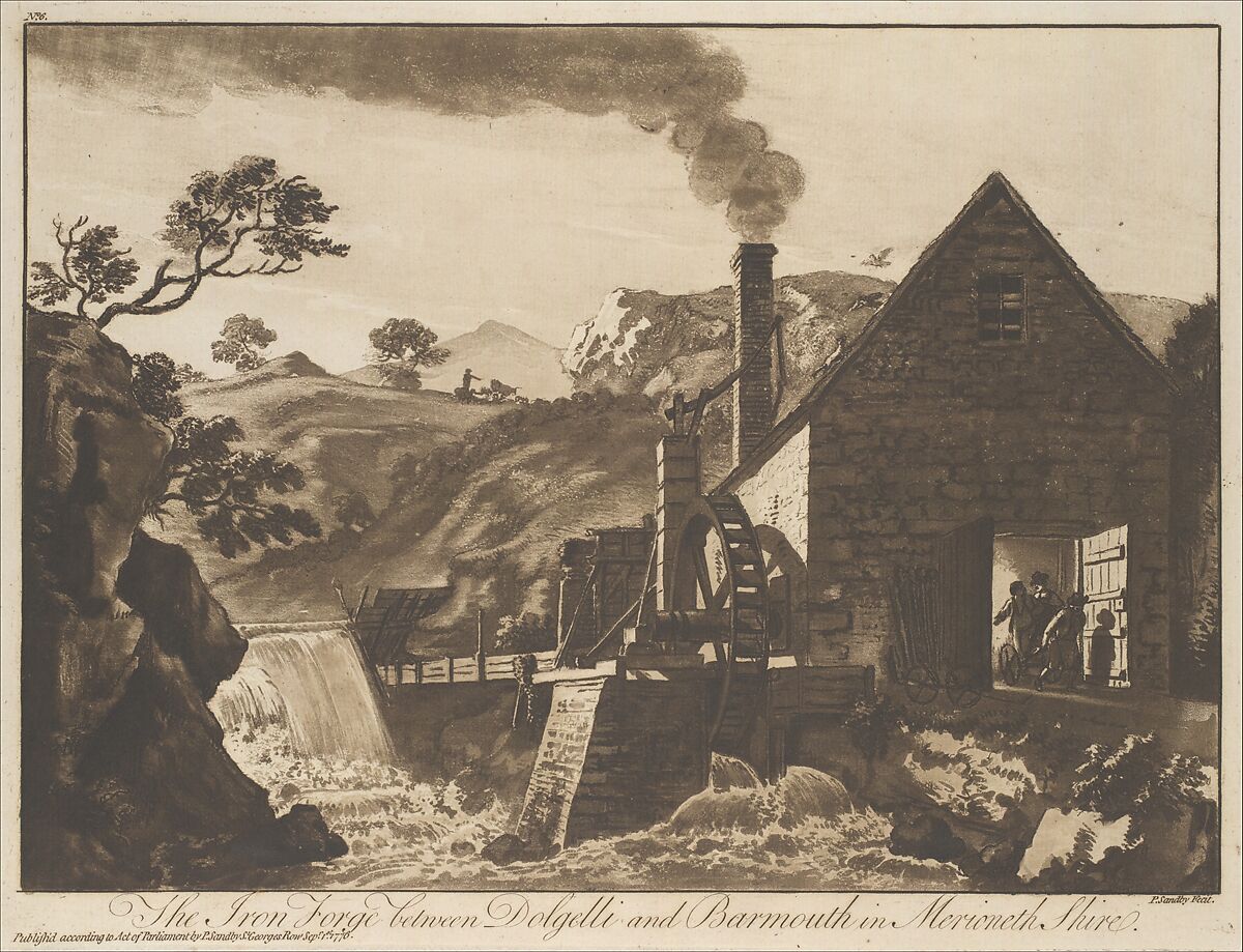 The Iron Forge between Dolgelli and Barmouth in Merioneth Shire, Paul Sandby (British, baptized Nottingham 1731–1809 London), Etching and aquatint printed in brown ink; second state of two (?) 
