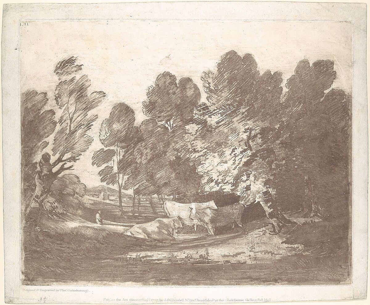 Wooded Landscape with Herdsmen and Cows, Thomas Gainsborough (British, Sudbury 1727–1788 London), Aquatint (sugar-lift process), printed in brown ink