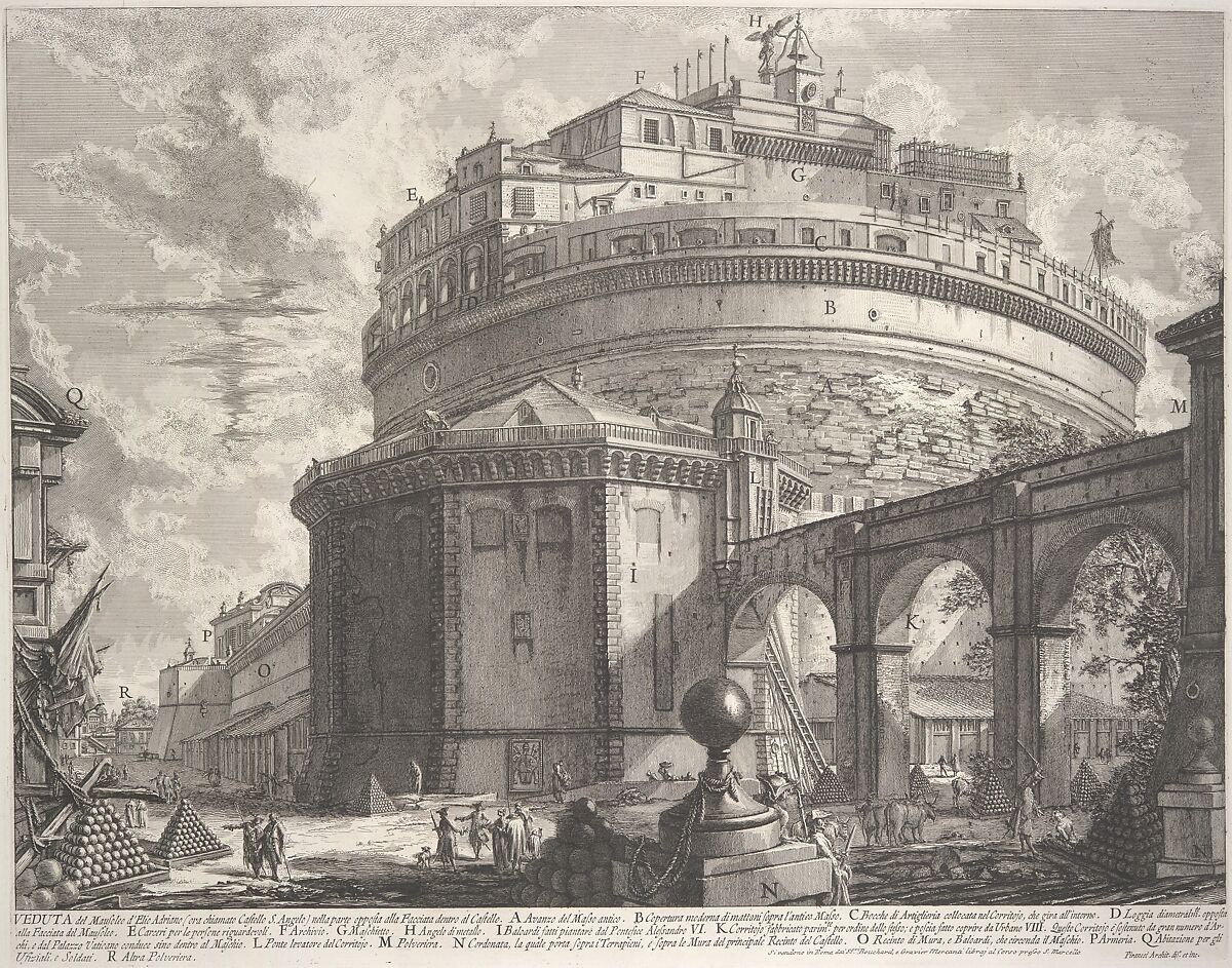 View of the Mausoleum of the Emperor Hadrian (now called Castel S. Angelo) from the rear, from Vedute di Roma (Roman Views), Giovanni Battista Piranesi (Italian, Mogliano Veneto 1720–1778 Rome), Etching, undescribed first state with address of Bouchard 