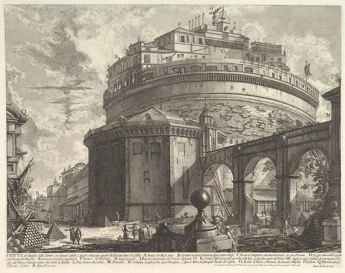 View of the Mausoleum of the Emperor Hadrian (now called Castel S. Angelo) from the rear, from Vedute di Roma (Roman Views), Giovanni Battista Piranesi (Italian, Mogliano Veneto 1720–1778 Rome), Etching, undescribed first state with address of Bouchard