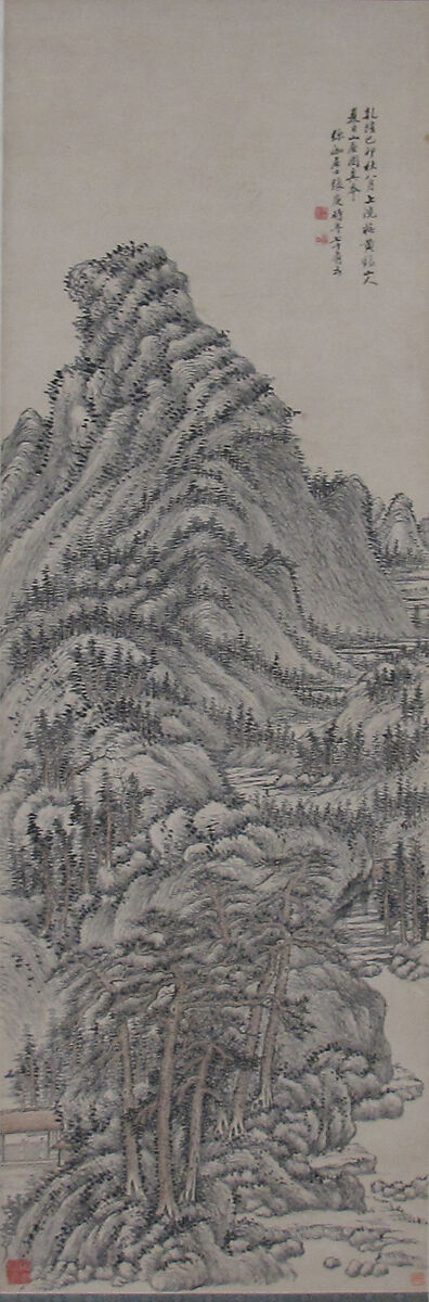 Landscape After Wang Meng, Zhang Geng (Chinese, 1685–1760), Hanging scroll; ink and color on paper, China 