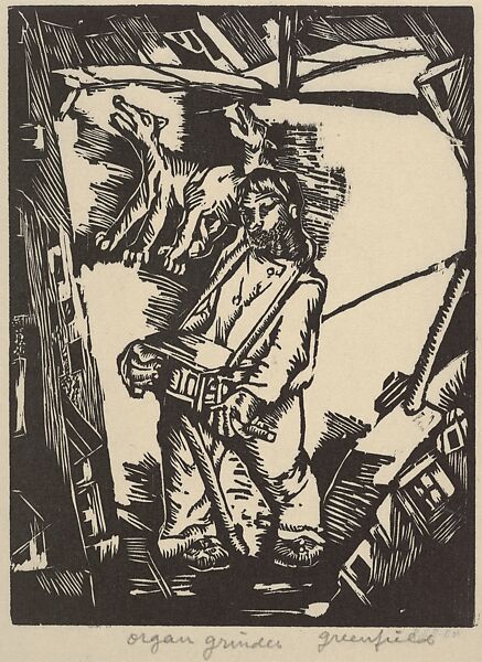 Organ Grinder, Greenfield (American, 20th century), Woodcut 