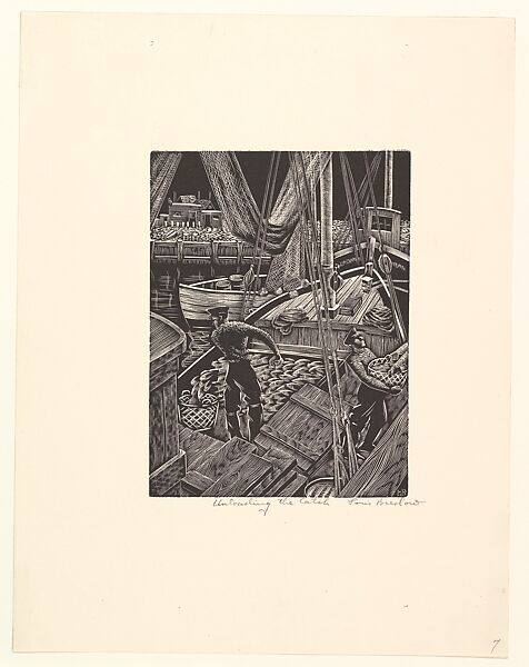 Unloading the Catch, Lou Barlow (American, 1908–2011), Wood engraving 