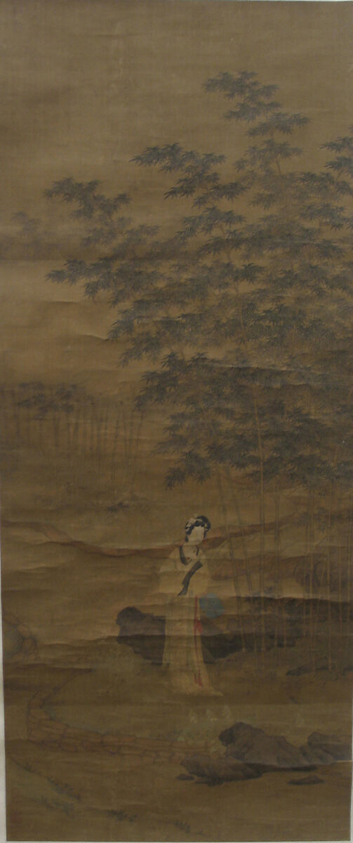 Lady in a Bamboo Grove after Qiu Ying, Shen Shuo (Chinese, active 16th–17th century), Hanging scroll; ink and color on silk, China