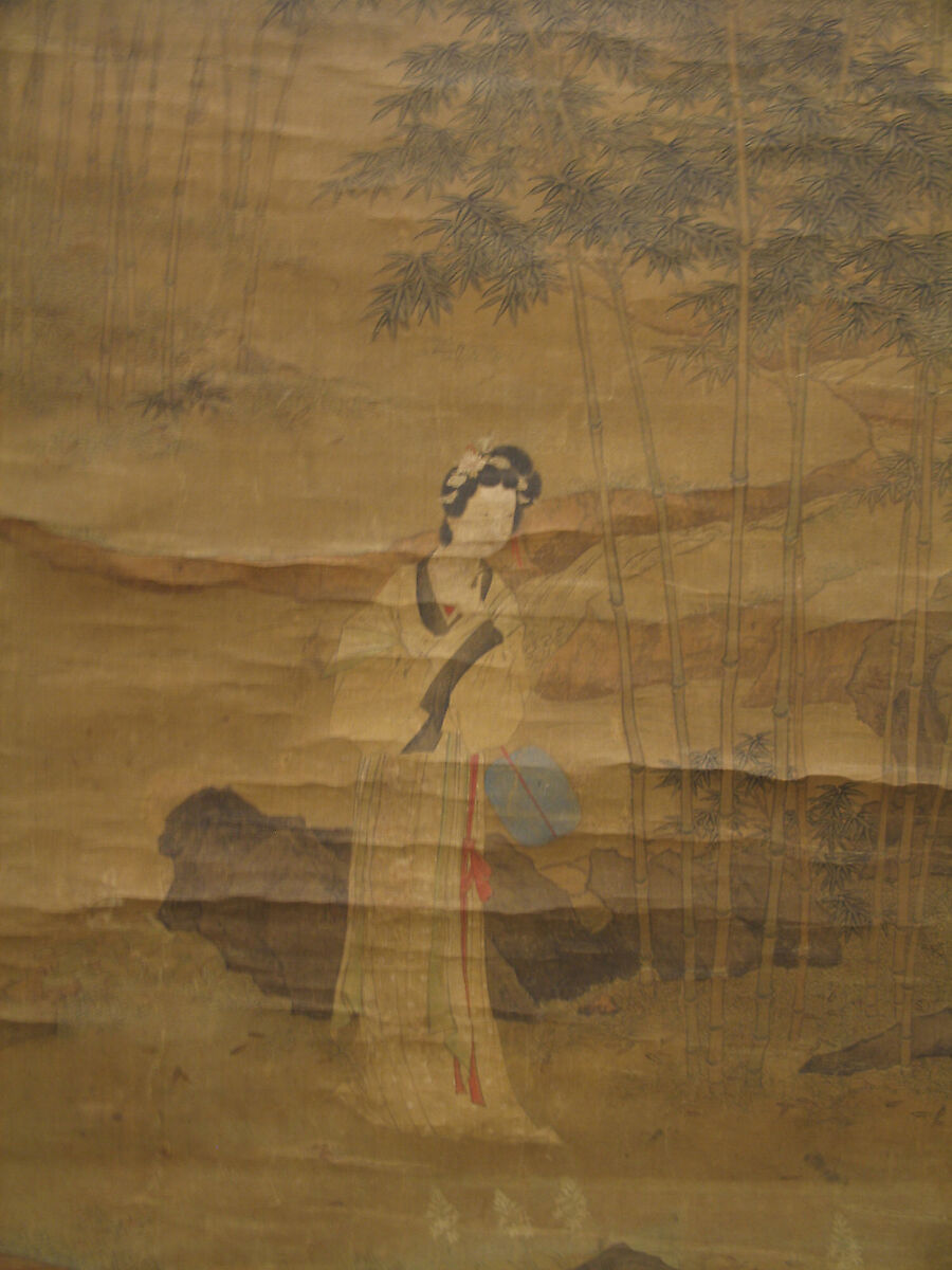 Lady in a Bamboo Grove after Qiu Ying, Shen Shuo (Chinese, active 16th–17th century), Hanging scroll; ink and color on silk, China 