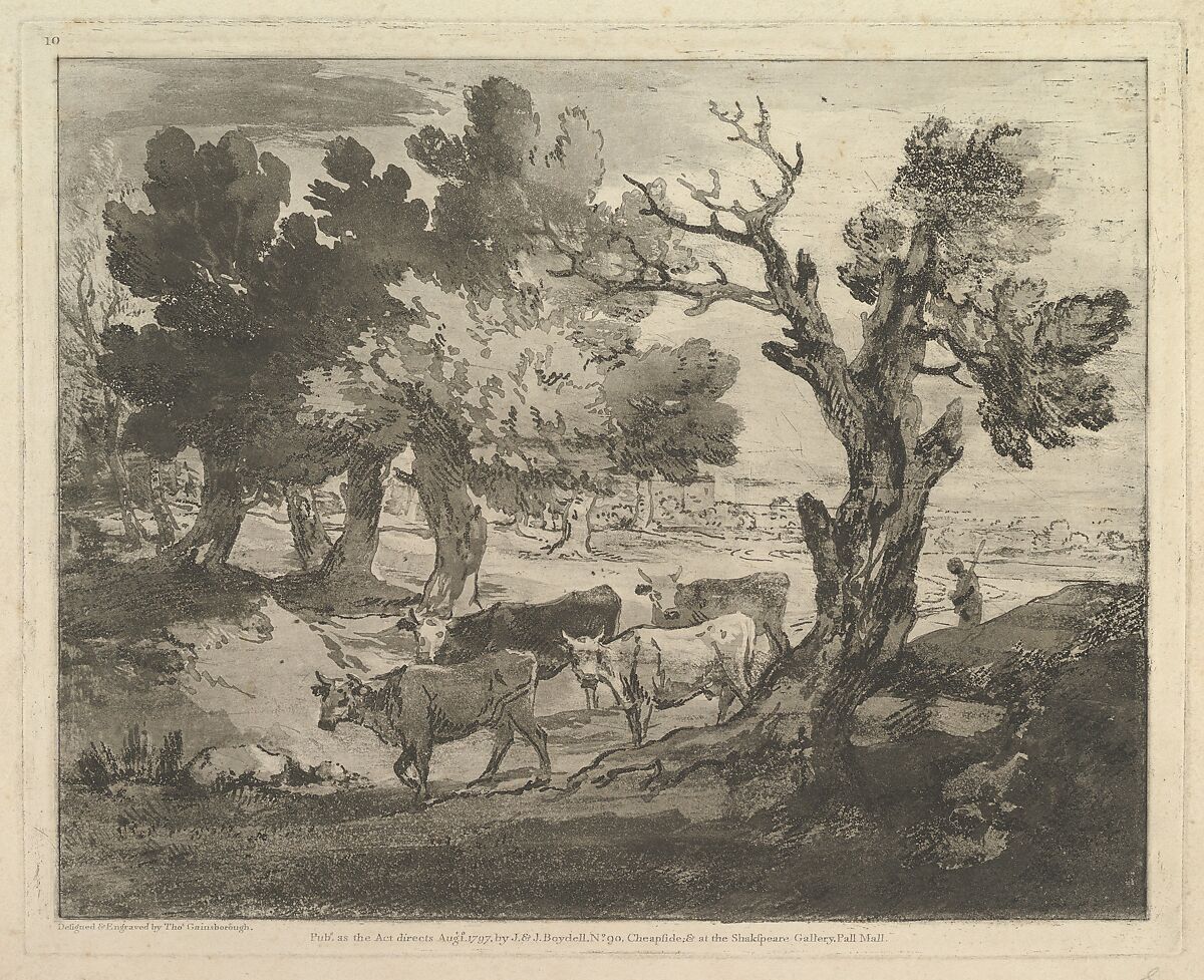 Wooded Landscape with Herdsmen and Cows, Thomas Gainsborough (British, Sudbury 1727–1788 London), Aquatint with soft-ground etching, printed in gray ink; third state of three 