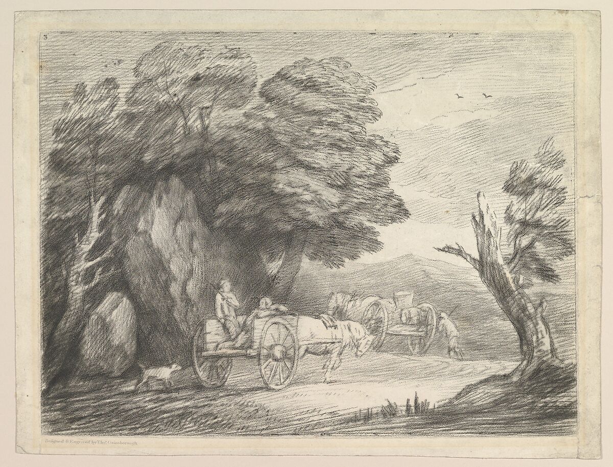 Wooded Landscape with Two Country Carts and Figures, Thomas Gainsborough (British, Sudbury 1727–1788 London), Soft-ground etching, printed in gray ink; second state of two 