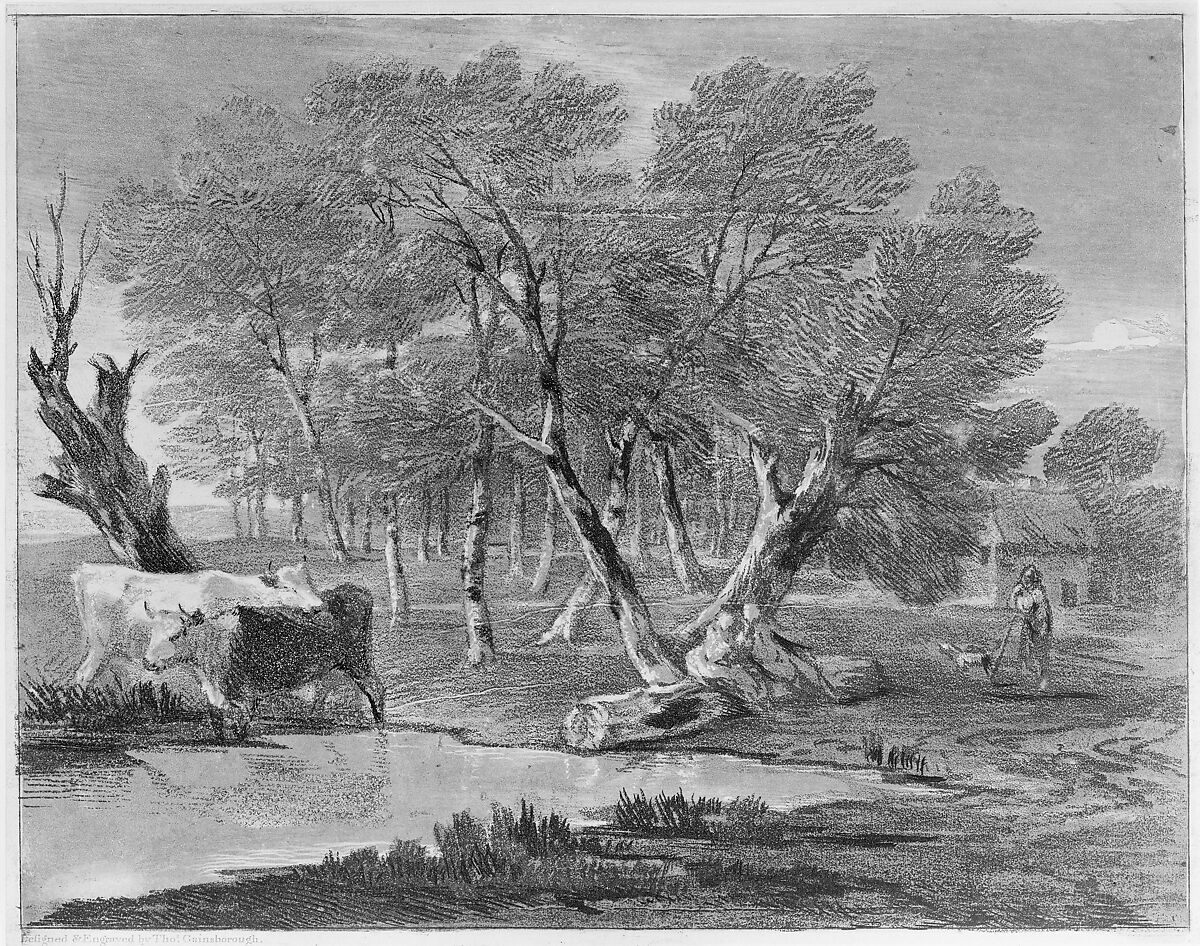 Wooded Landscape with Cows beside a Pool, Figures and Cottage, Thomas Gainsborough (British, Sudbury 1727–1788 London), Soft-ground etching with aquatint, printed in gray ink