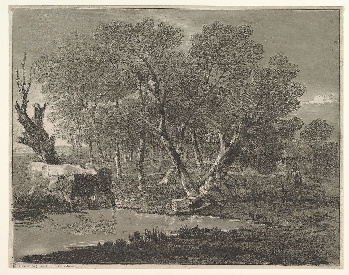 Wooded Landscape with Cows beside a Pool, Figures and Cottage, Thomas Gainsborough (British, Sudbury 1727–1788 London), Soft-ground etching with aquatint, printed in gray ink 