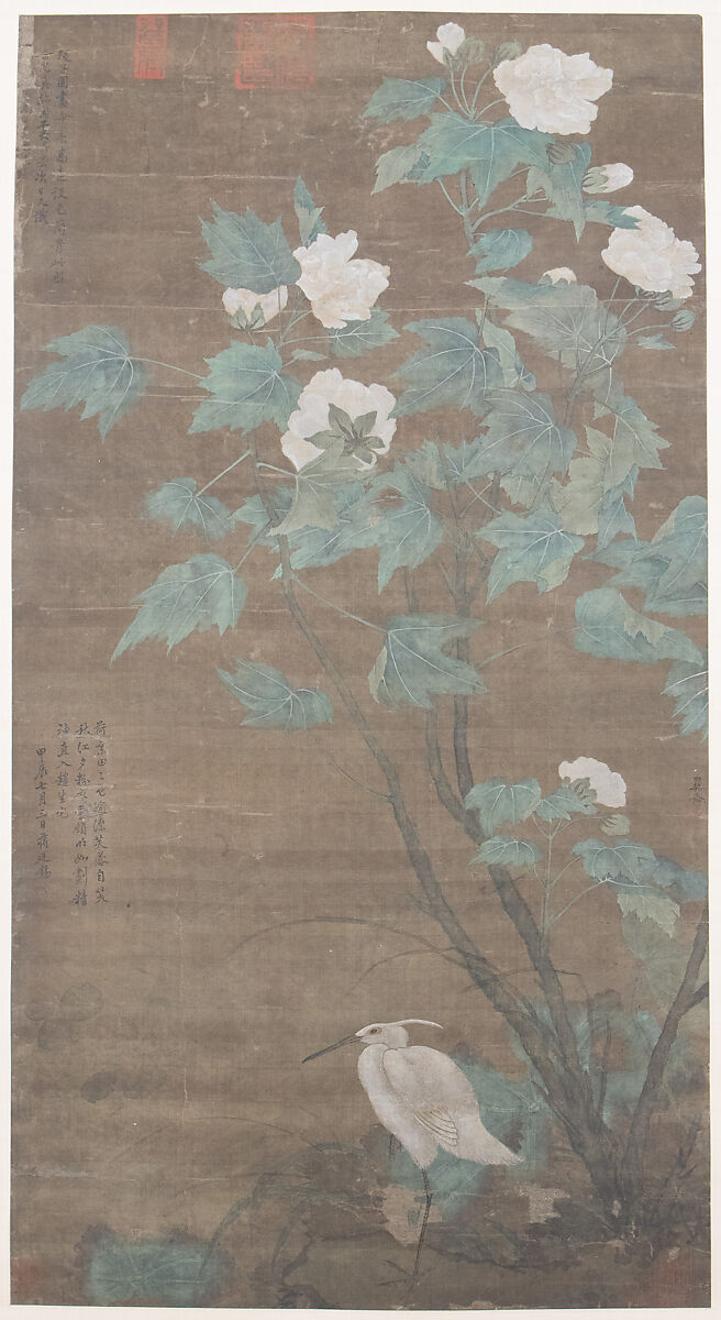 Hibiscus and Egret, Attributed to Jiang Tingxi (Chinese, 1669–1732), Framed scroll; ink and color on silk, China 