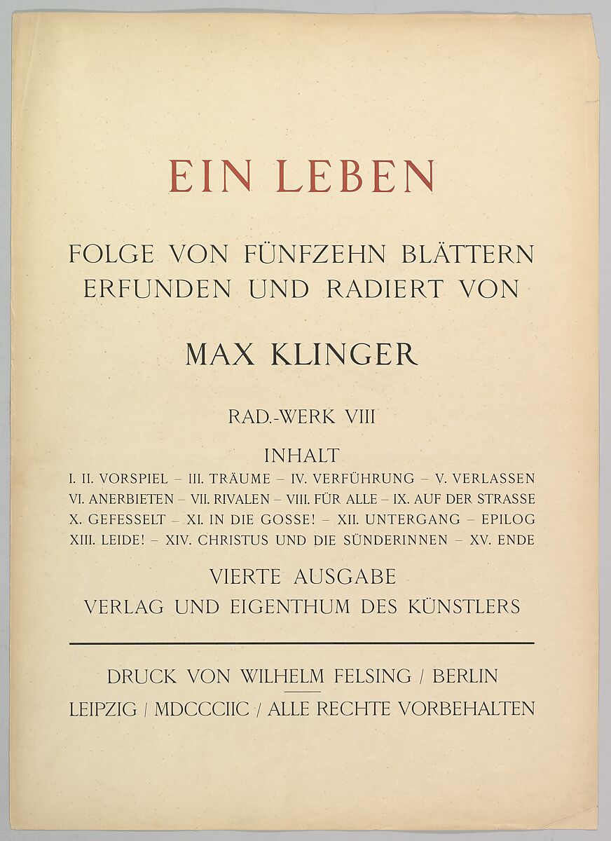 A Life, Max Klinger (German, Leipzig 1857–1920 Großjena), Series of fourteen etchings (fifteen in the edition) with original cardboard portfolio