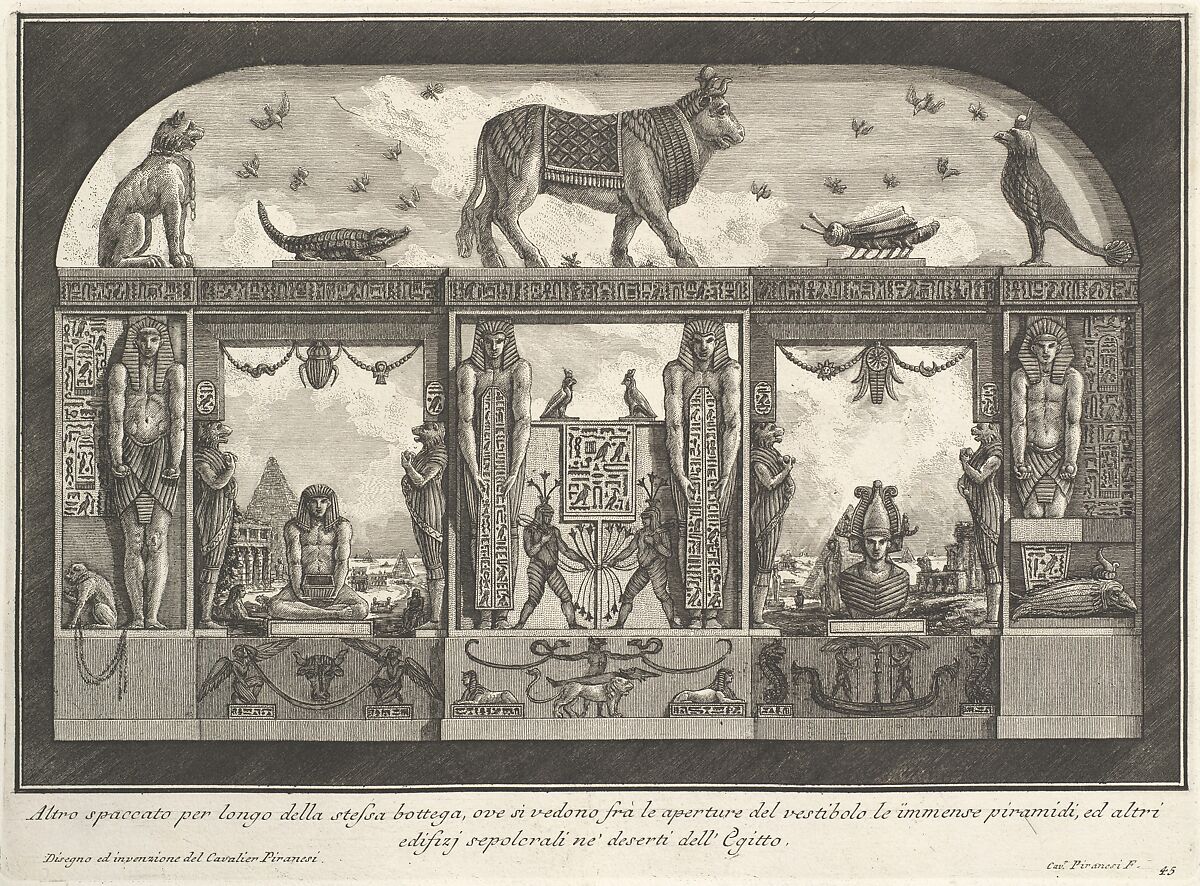 Egyptian decoration of the Caffè degli Inglesi: Animals on the cornice, including a bull at the center, from 