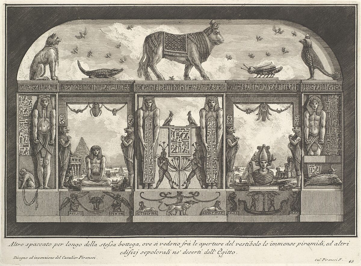 Egyptian decoration of the Caffè degli Inglesi: Animals on the cornice, including a bull at the center, from "Diverse Maniere d'adornare i cammini..." (Diverse Ways of ornamenting chimneypieces...), Giovanni Battista Piranesi (Italian, Mogliano Veneto 1720–1778 Rome), Etching 