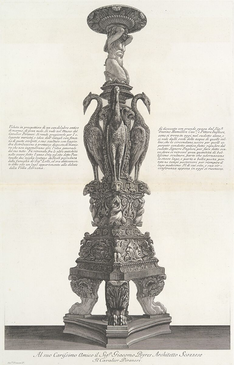 Perspective view of the same candelabrum, from "Vasi, candelabri, cippi, sarcofagi, tripodi, lucerne, ed ornamenti antichi disegnati ed incisi dal Cav. Gio. Batt. Piranesi, Vol. II" (Vases, candelabra, grave stones, sarcophagi, tripods, lamps, and ornaments designed and etched by Cavalieri Giovanni Battista Piranesi), Giovanni Battista Piranesi (Italian, Mogliano Veneto 1720–1778 Rome), Etching 