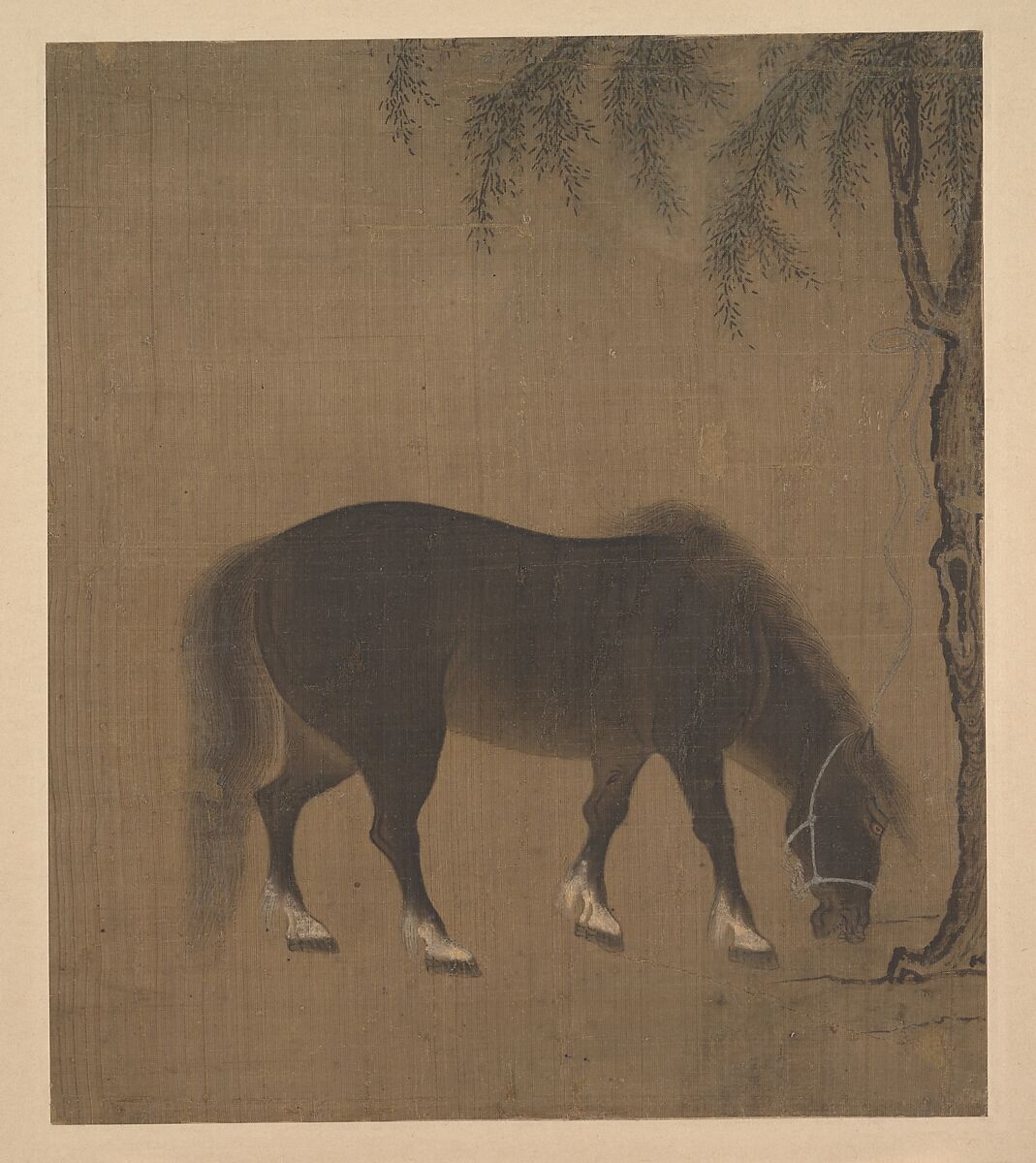 Horse and Willow Tree, Unidentified artist Chinese, early 15th century, Album leaf; ink and color on silk, China 