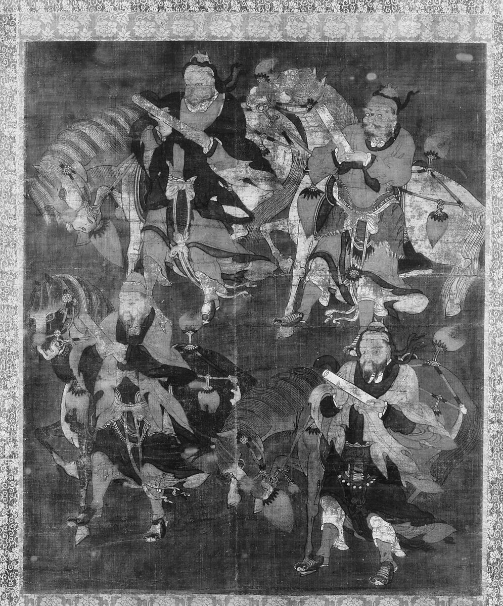 Four Deities with Horses, Unidentified, Hanging scroll; ink and color on silk, Japan 