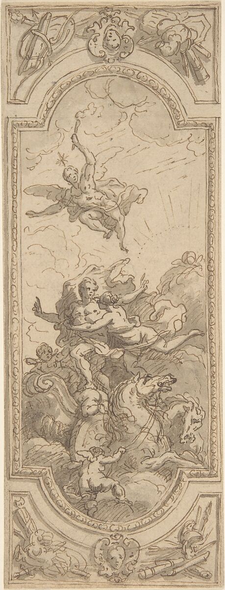 Design for a Ceiling with an Allegorical Subject, Sir James Thornhill (British, Woolland, Dorset (?) 1675/76–1734 Stalbridge, Dorset), Recto: pen and brown ink, brush and wash, over graphite
Verso: graphite 