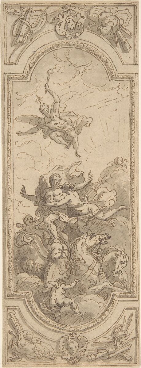 Design for a Ceiling with an Allegorical Subject, Sir James Thornhill (British, Woolland, Dorset (?) 1675/76–1734 Stalbridge, Dorset), Recto: pen and brown ink, brush and wash, over graphite
Verso: graphite 