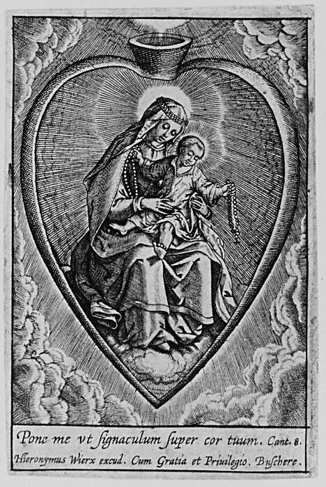 Virgin and Child in a Heart, Hieronymus (Jerome) Wierix (Netherlandish, ca. 1553–1619 Antwerp), Engraving, copy a in reverse 