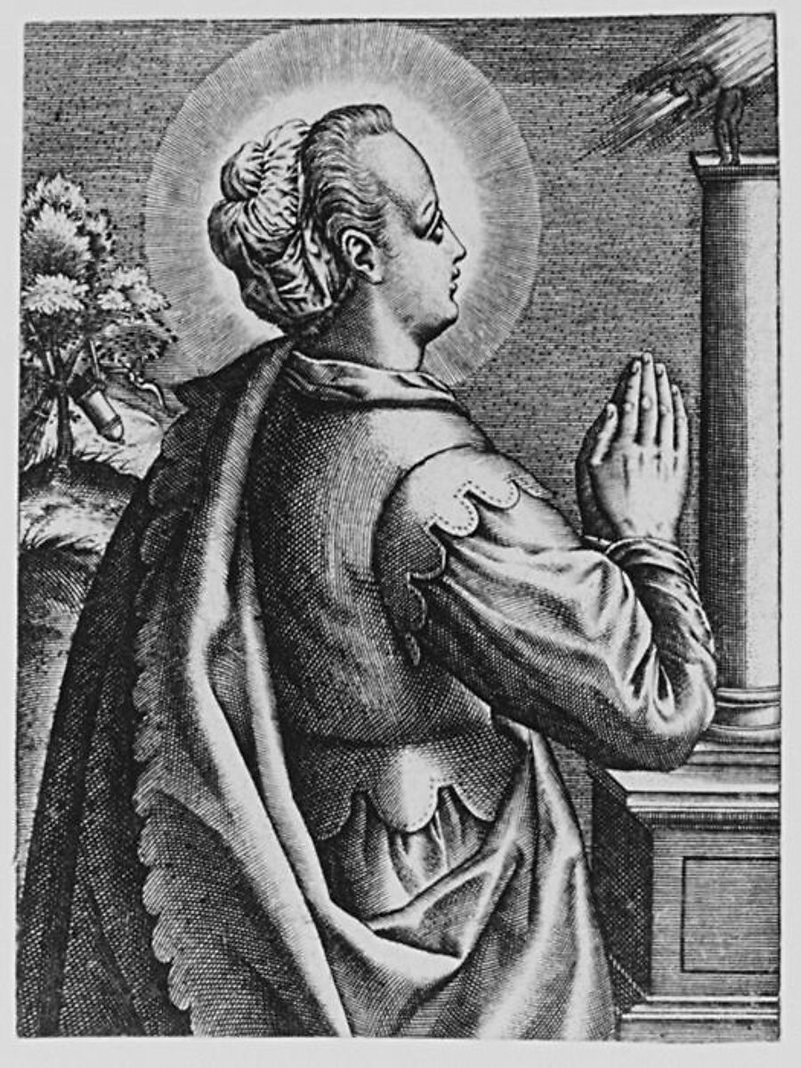 Unidentified Female Saint with Folded Hands, Attributed to Wierix (Netherlandish, mid-16th–early 17th century), Engraving 
