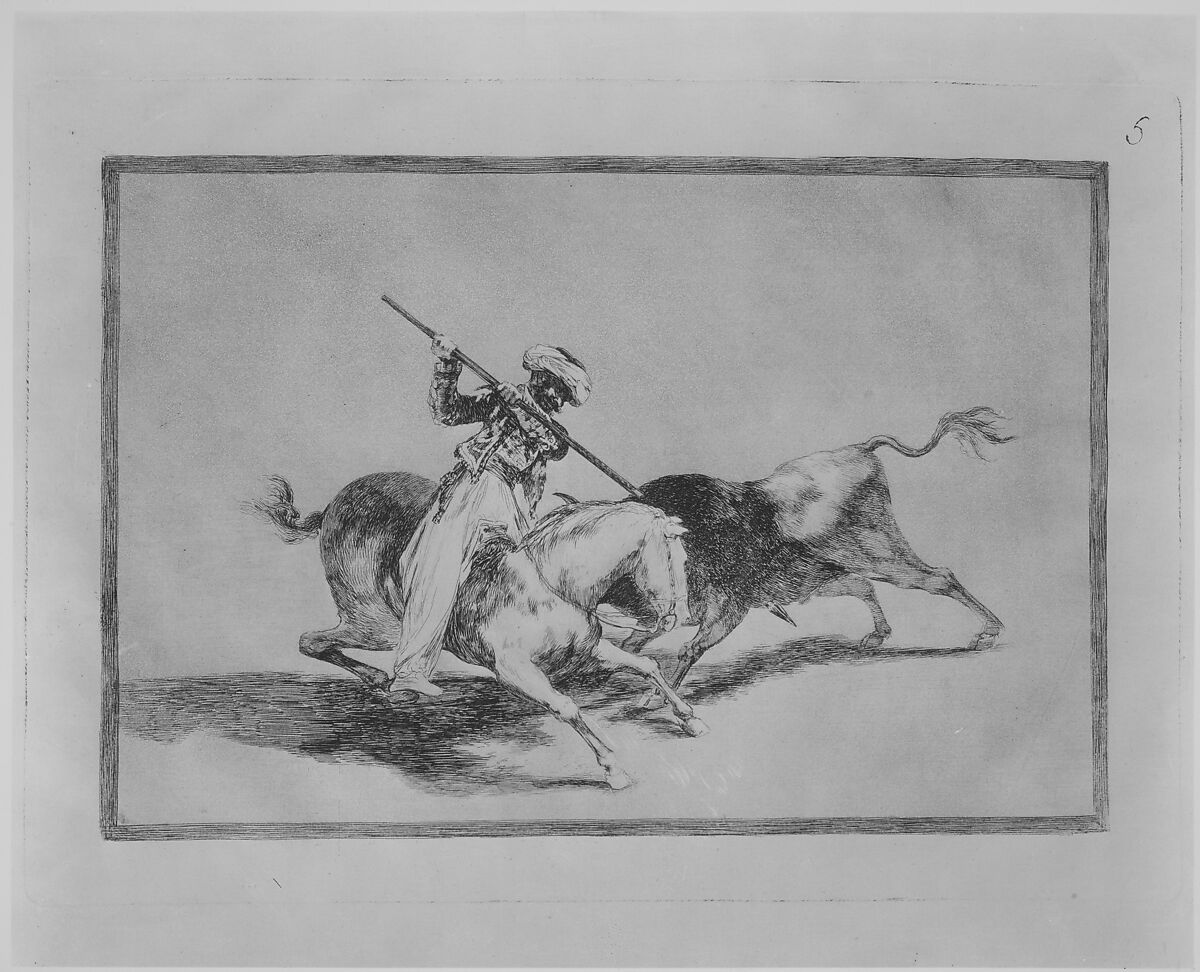 Plate 5 from "La Tauromaquia": The spirited Moor Gazul is the first to spear bulls according to the rules, Goya (Francisco de Goya y Lucientes) (Spanish, Fuendetodos 1746–1828 Bordeaux), Etching, burnished aquatint, drypoint