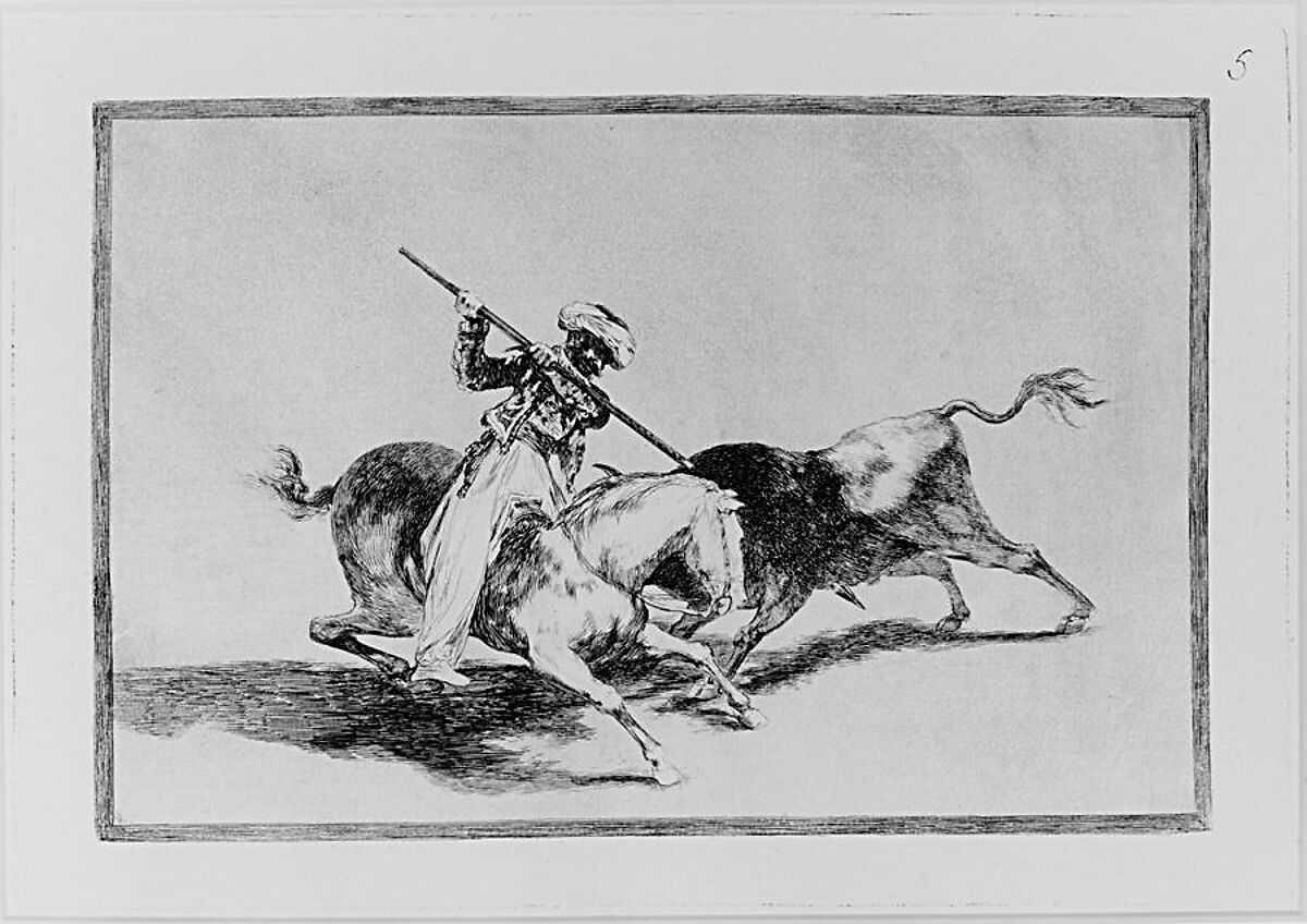 Plate 5 from "La Tauromaquia": The spirited Moor Gazul is the first to spear bulls according to the rules, Goya (Francisco de Goya y Lucientes) (Spanish, Fuendetodos 1746–1828 Bordeaux), Etching, burnished aquatint, drypoint