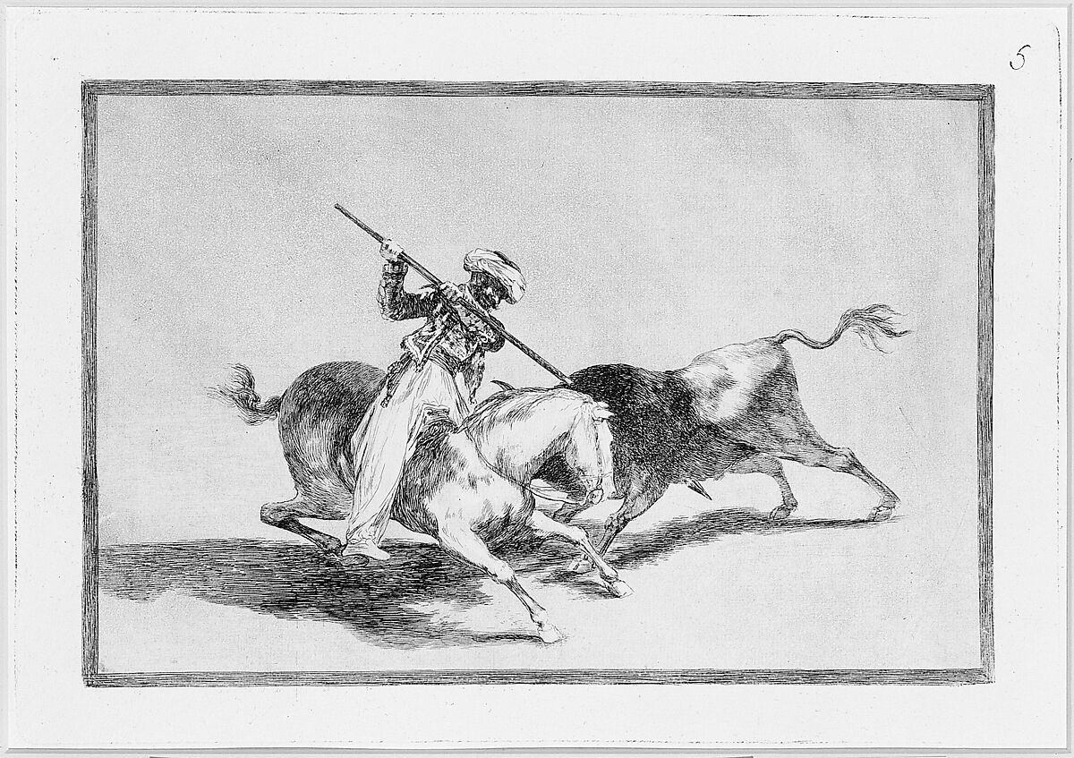 Plate 5 from "La Tauromaquia": The spirited Moor Gazul is the first to spear bulls according to the rules, Goya (Francisco de Goya y Lucientes) (Spanish, Fuendetodos 1746–1828 Bordeaux), Etching, burnished aquatint, drypoint