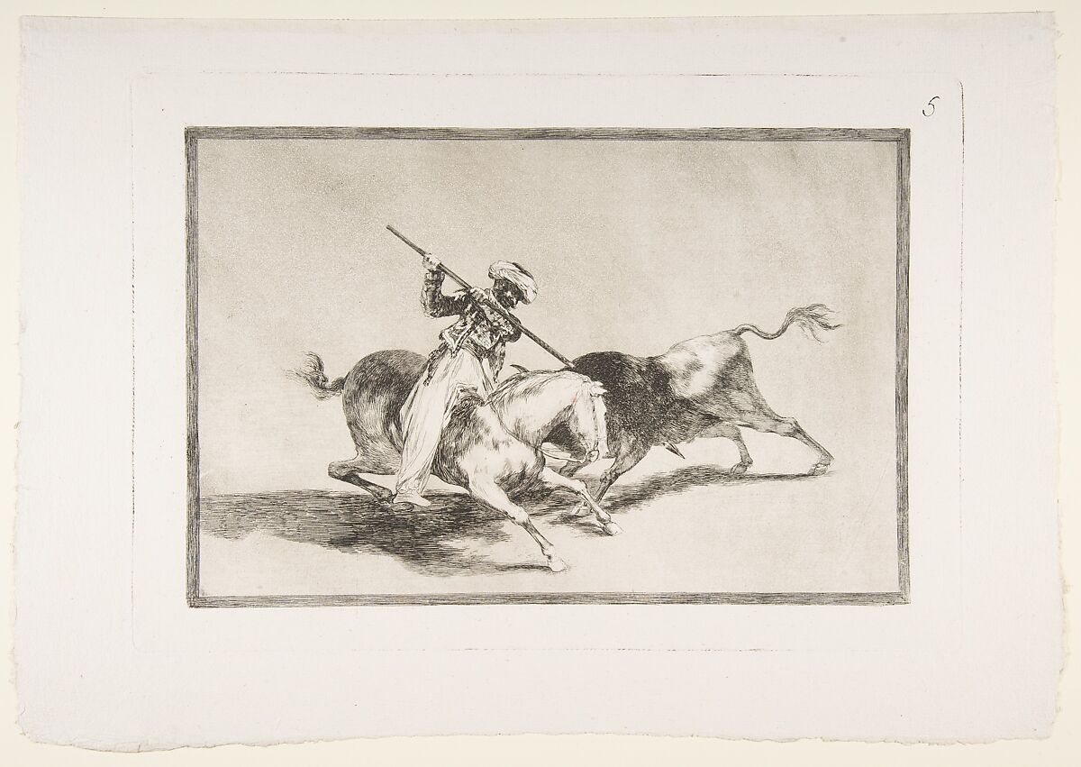 Plate 5 from "La Tauromaquia": The spirited Moor Gazul is the first to spear bulls according to the rules, Goya (Francisco de Goya y Lucientes)  Spanish, Etching, burnished aquatint, drypoint