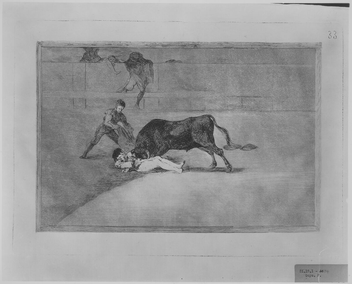 Plate 33 from "La Tauromaquia": The unlucky death of Pepe Illo in the ring at Madrid, Goya (Francisco de Goya y Lucientes) (Spanish, Fuendetodos 1746–1828 Bordeaux), Etching, burnished aquatint, drypoint, burin