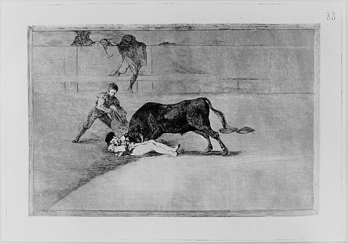 Plate 33 from "La Tauromaquia": The unlucky death of Pepe Illo in the ring at Madrid, Goya (Francisco de Goya y Lucientes) (Spanish, Fuendetodos 1746–1828 Bordeaux), Etching, burnished aquatint, drypoint, burin