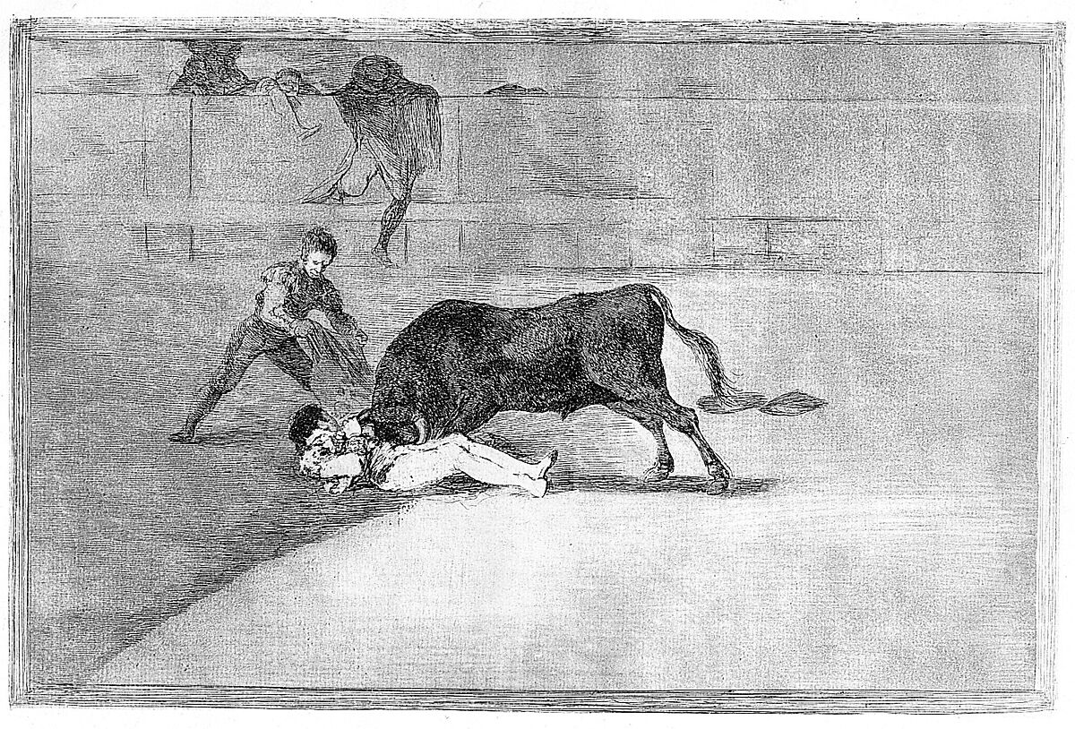 Plate 33 from "La Tauromaquia": The unlucky death of Pepe Illo in the ring at Madrid, Goya (Francisco de Goya y Lucientes) (Spanish, Fuendetodos 1746–1828 Bordeaux), Etching, burnished aquatint, drypoint, burin
