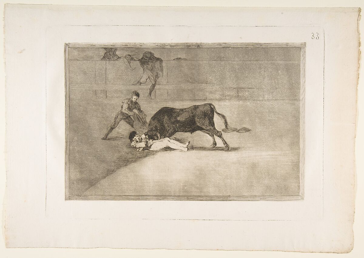 Plate 33 from "La Tauromaquia": The unlucky death of Pepe Illo in the ring at Madrid, Goya (Francisco de Goya y Lucientes) (Spanish, Fuendetodos 1746–1828 Bordeaux), Etching, burnished aquatint, drypoint, burin 