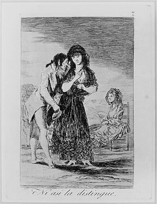 Plate 7 from "Los Caprichos": Even thus he cannot make her out (Ni asi la distingue), Goya (Francisco de Goya y Lucientes) (Spanish, Fuendetodos 1746–1828 Bordeaux), Etching, aquatint, drypoint