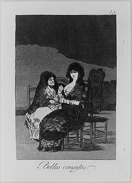 Plate 15 from "Los Caprichos": A pretty piece of advice (Bellos consejos), Goya (Francisco de Goya y Lucientes) (Spanish, Fuendetodos 1746–1828 Bordeaux), Etching, burnished aquatint, burin