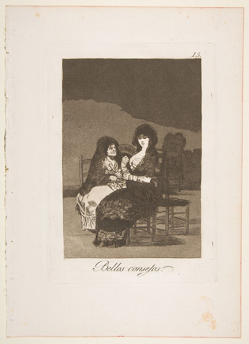 Plate 15 from "Los Caprichos": A pretty piece of advice (Bellos consejos), Goya (Francisco de Goya y Lucientes) (Spanish, Fuendetodos 1746–1828 Bordeaux), Etching, burnished aquatint, burin 
