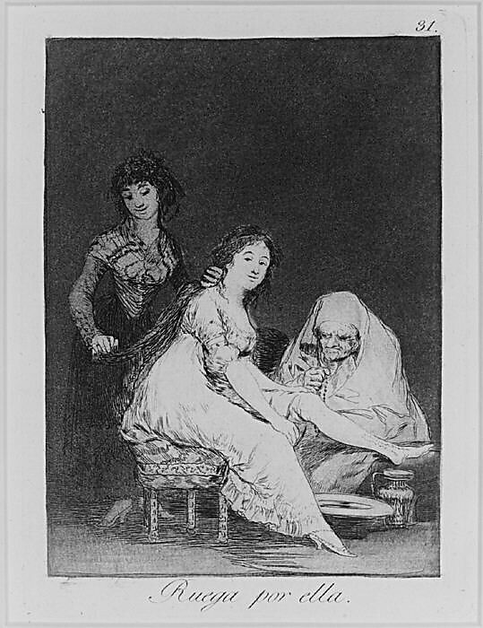 Plate 31 from "Los Caprichos": She prays for her (Ruega por ella), Goya (Francisco de Goya y Lucientes) (Spanish, Fuendetodos 1746–1828 Bordeaux), Etching, burnished aquatint, drypoint, burin