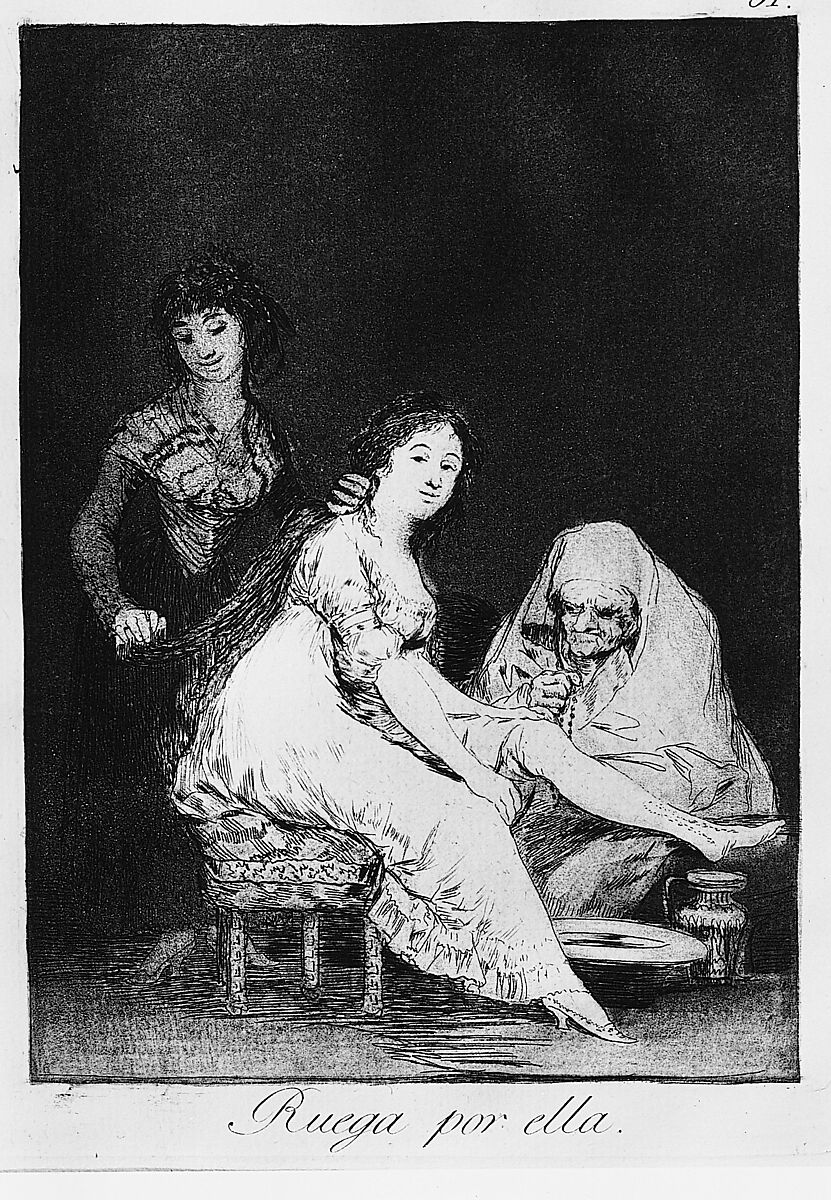 Plate 31 from "Los Caprichos": She prays for her (Ruega por ella), Goya (Francisco de Goya y Lucientes) (Spanish, Fuendetodos 1746–1828 Bordeaux), Etching, burnished aquatint, drypoint, burin