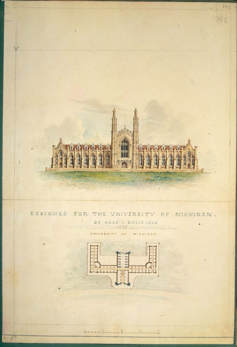 University of Michigan (elevation and plan), Alexander Jackson Davis (American, New York 1803–1892 West Orange, New Jersey), Graphite, ink and watercolor 