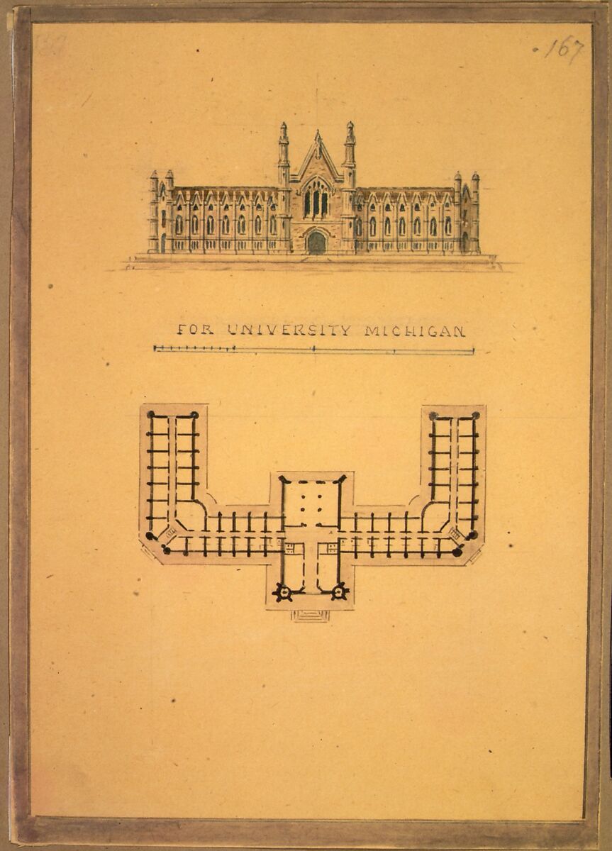 Design for University of Michigan (elevation and plan), Alexander Jackson Davis (American, New York 1803–1892 West Orange, New Jersey), Ink, watercolor and graphite 