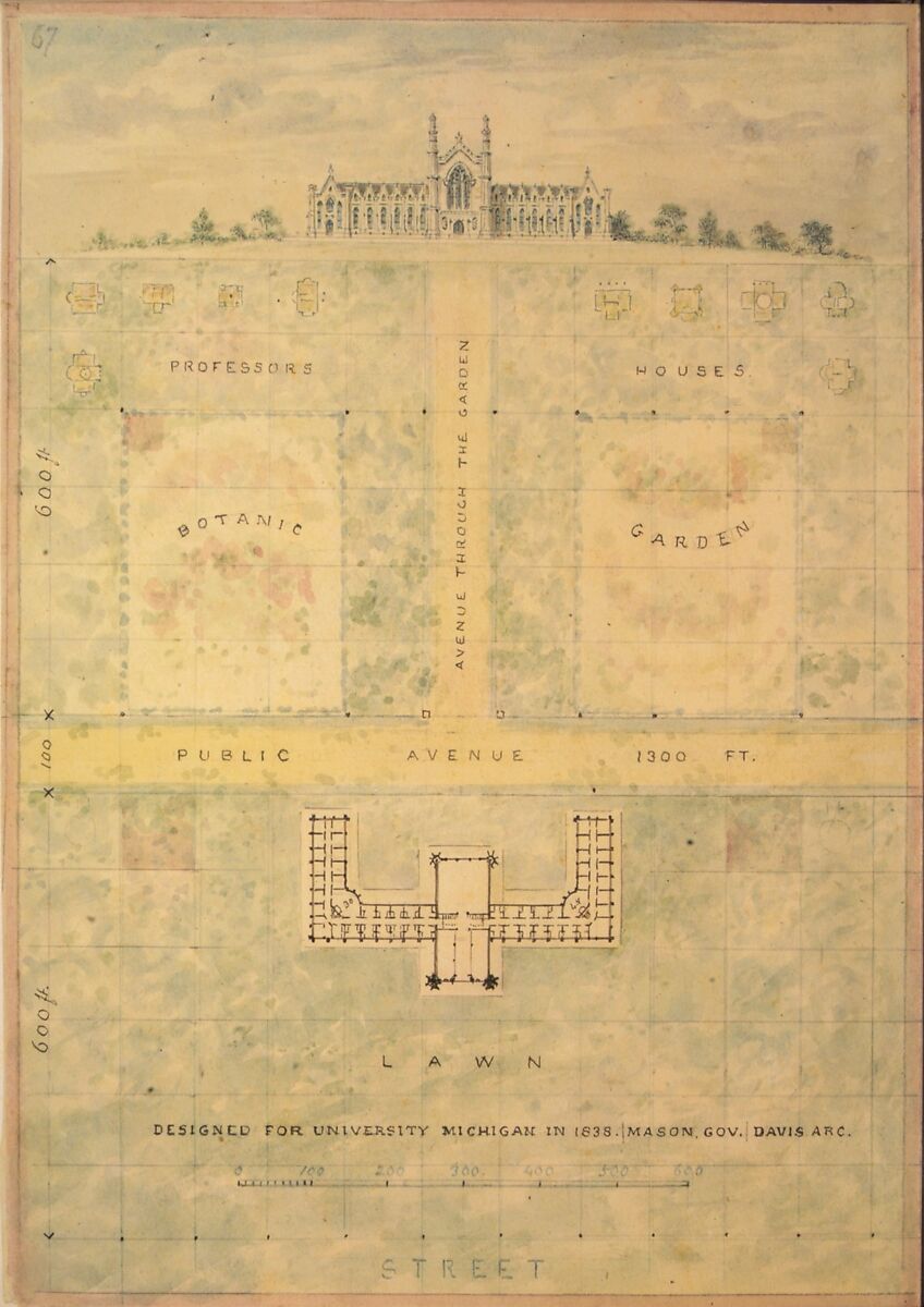 Design for University of Michigan (elevation and plan of building and grounds), Alexander Jackson Davis (American, New York 1803–1892 West Orange, New Jersey), Watercolor and ink 