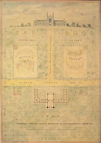 Design for University of Michigan (elevation and plan of building and grounds)